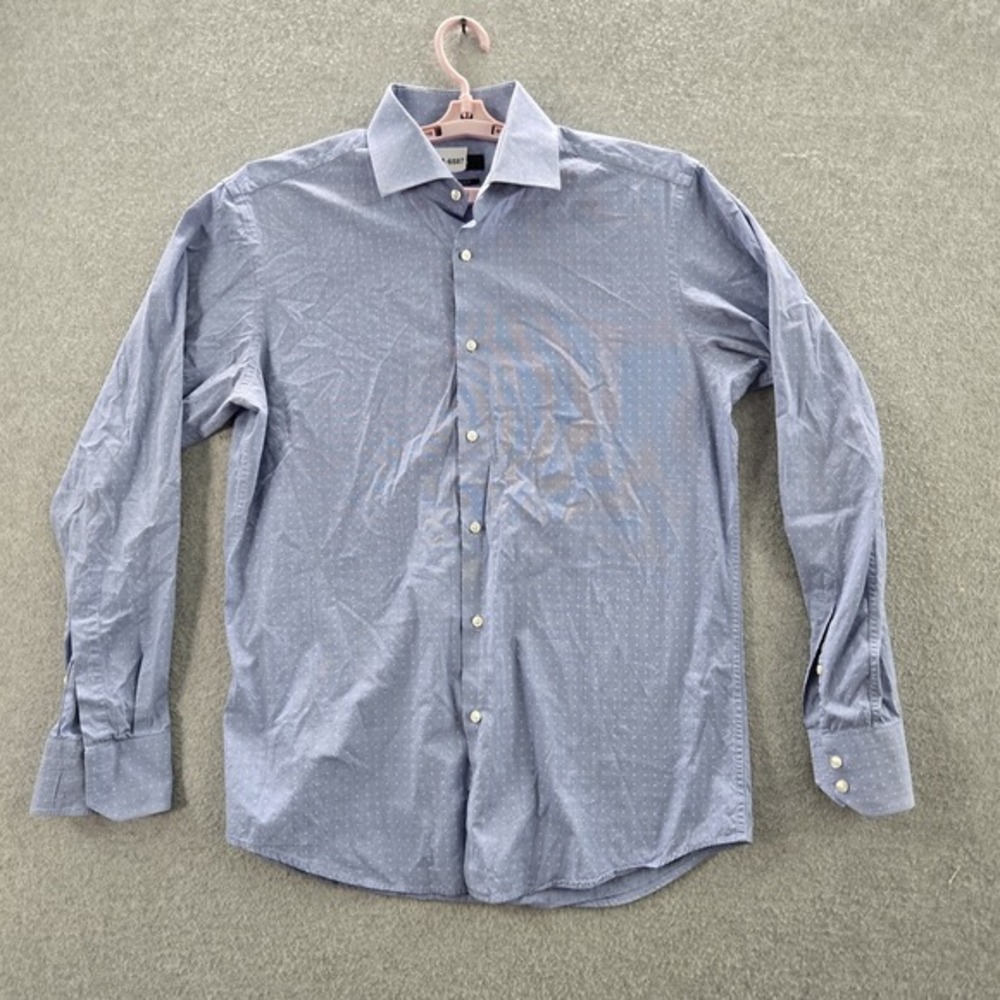 BOSS Hugo Men Button Up Shirt 16.5 42 Blue Polka Square Dot Long Sleeve